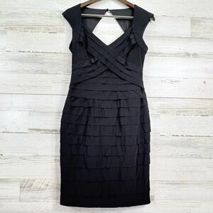 JONES WEAR DRESS Black Sleeveless Tiered Ruffle Sheath V Neck Knee Length Size 4